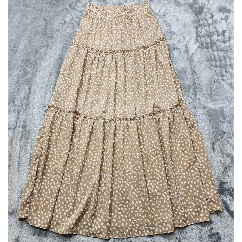 NEW Main Strip Skirt Women L Tan White Pull On Tiered Maxi Drawstring Wood Beads - Picture 3 of 10